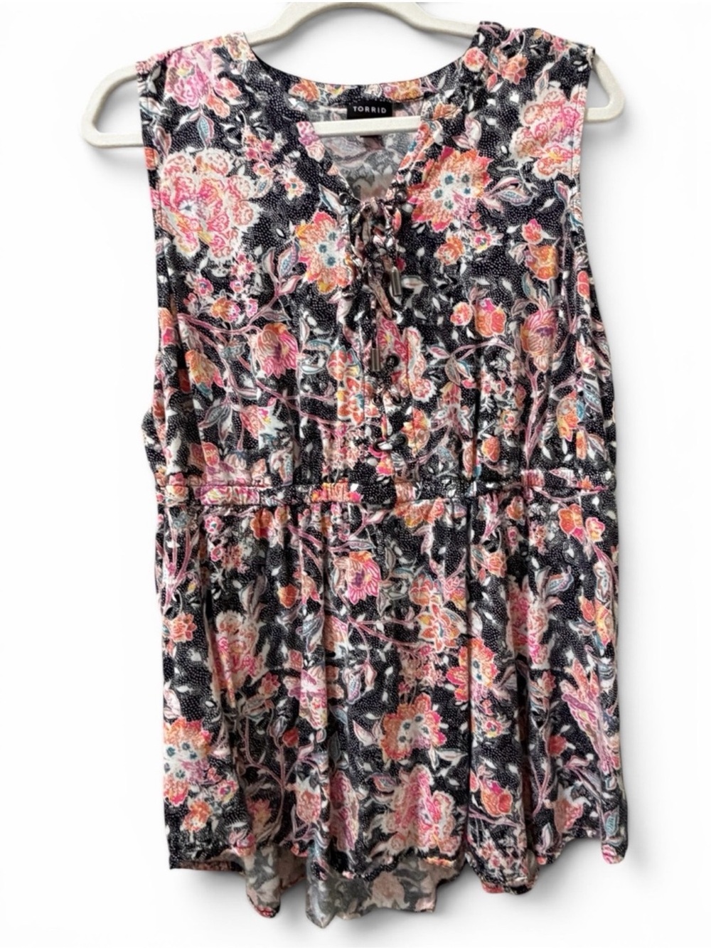 Torrid Size 1 1X Black Multicolor Floral Lace Up Sleeveless Babydoll Top